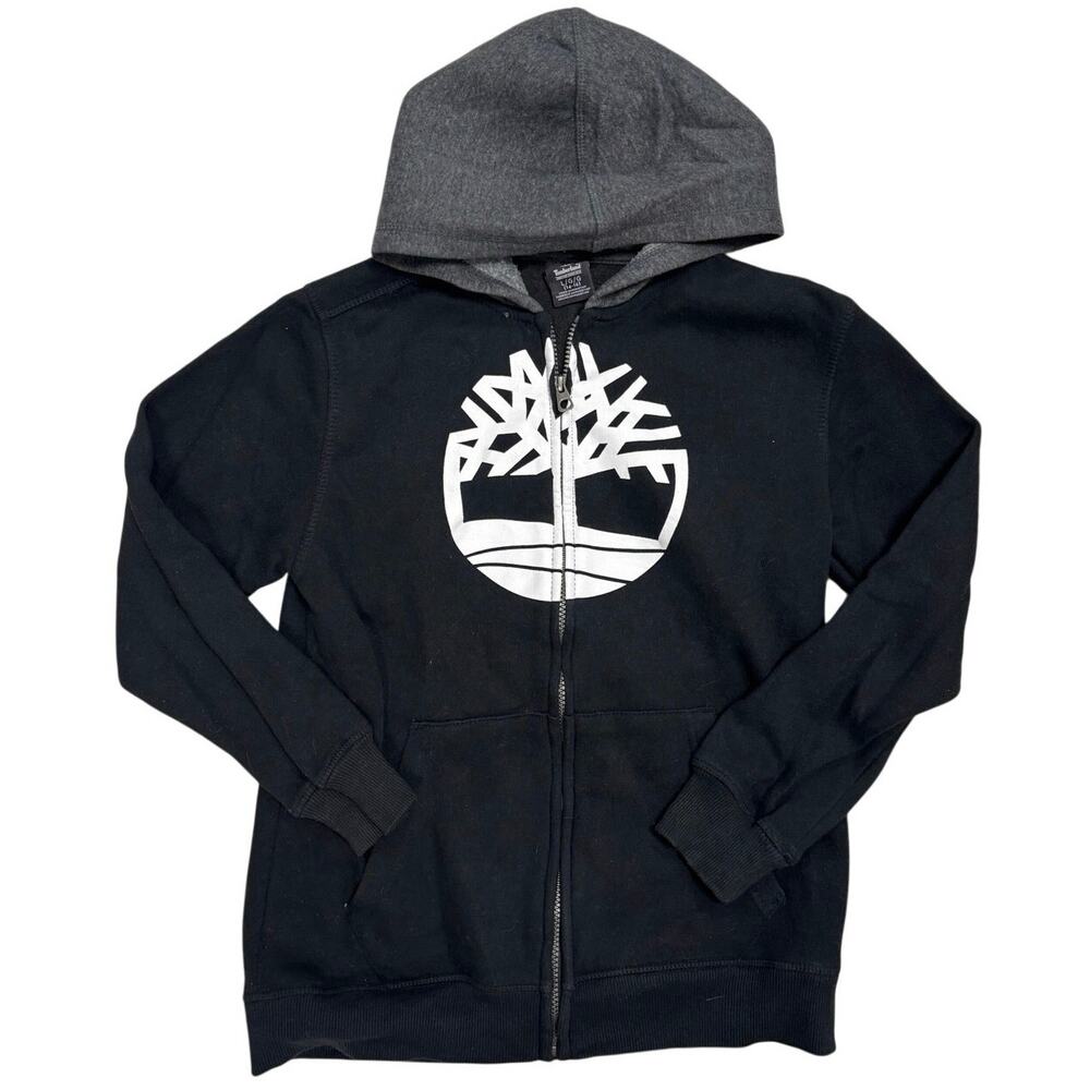 Timberland Zip Hoodie 🌲🖤 Black & Gray Graphic Sweatshirt - Size L/ Womens S